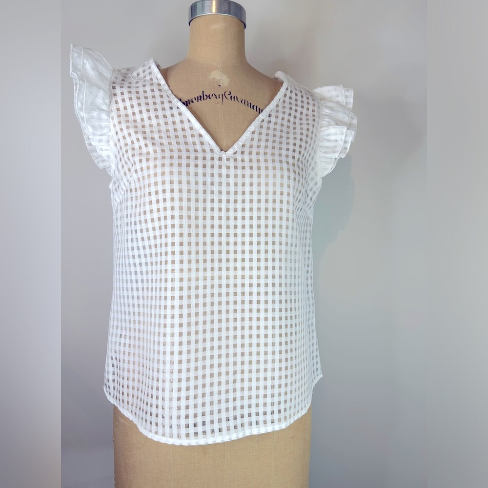 Womens Lightweight Top White Square Print Sheer Medium
